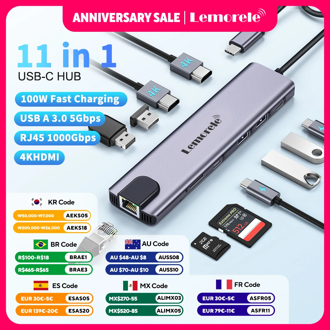 Lemorele TC65 11 in 1 Dual HDMI USB HUB 4k Type C HUB Docking Station Adapter with RJ45 USB 3.0 PD 100W SD/TF for MacBook
Lemorele TC65 11 in 1 Dual HDMI USB HUB 4k Type C HUB Docking Station Adapter with RJ45 USB 3.0 PD 100W SD/TF for MacBook