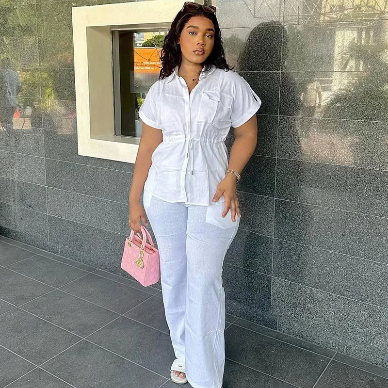Pant Set Women Two Piece Sets Turn Down Collar Short Sleeve Tight Waist Drawstring Shirt Long PantsY2k Streetwear Work Lace Up
Pant Set Women Two Piece Sets Turn Down Collar Short Sleeve Tight Waist Drawstring Shirt Long PantsY2k Streetwear Work Lace Up