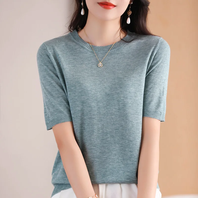 Ladies Round Neck Worsted Thin T-shirt 100% Pure Wool Knitted Short-Sleeve Base Shirts Summer High-End Sweater Simple Joker Tops
Ladies Round Neck Worsted Thin T-shirt 100% Pure Wool Knitted Short-Sleeve Base Shirts Summer High-End Sweater Simple Joker Tops