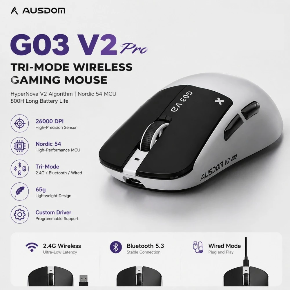 AUSDOM G03V2 Wireless Gaming Mouse 8KHz 2.4G Connection 56g Lightweight Design Ergonomic Long Battery Life Gaming Accessories
AUSDOM G03V2 Wireless Gaming Mouse 8KHz 2.4G Connection 56g Lightweight Design Ergonomic Long Battery Life Gaming Accessories