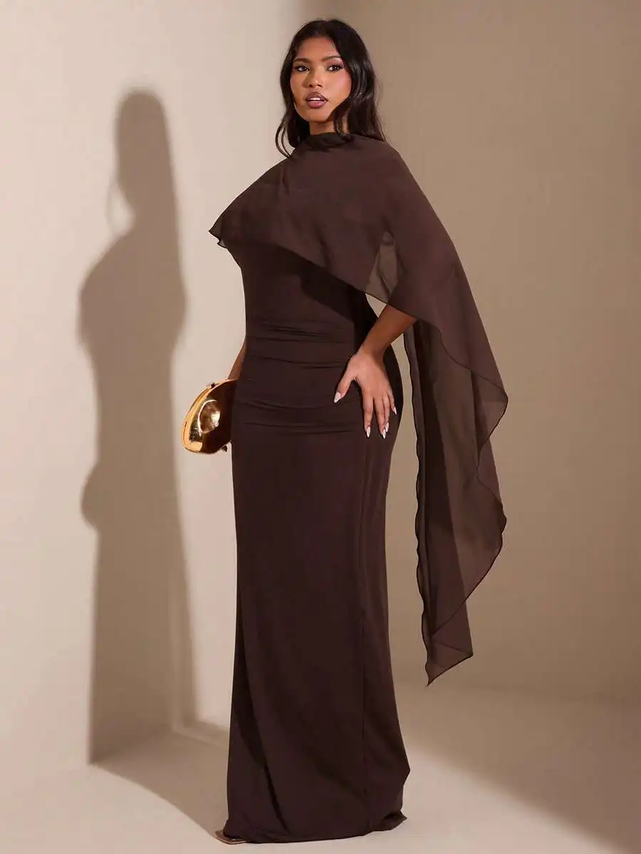 Elegant Brown Solid Color Slim Fit Shawl Dress For Formal Evening Party Wedding Guest
Elegant Brown Solid Color Slim Fit Shawl Dress For Formal Evening Party Wedding Guest