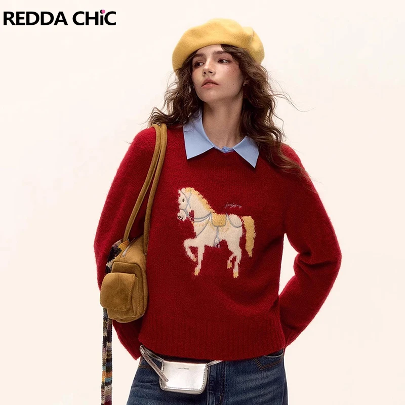 REDDACHiC Women's Horse Graphic Sweater Oversize Long Sleeves Animal Round Neck Pullover Top Autumn Winter New Year Knitwear
REDDACHiC Women's Horse Graphic Sweater Oversize Long Sleeves Animal Round Neck Pullover Top Autumn Winter New Year Knitwear