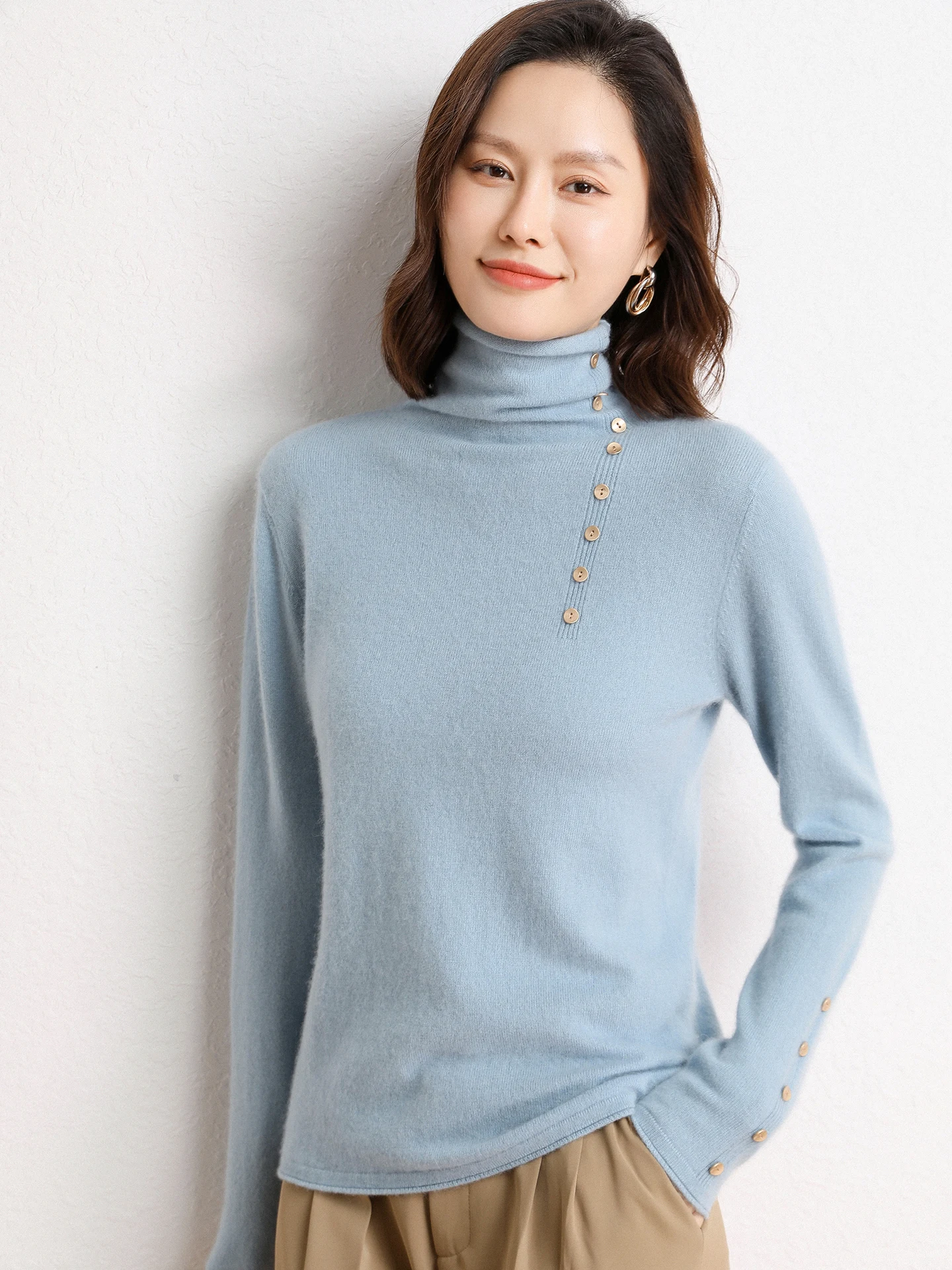 Women's Pile Collar Pure Cashmere Pullover Sweater High-end Soild Buttons Knitted Basic Priming Long Sleeve Tops Autumn Winter
Women's Pile Collar Pure Cashmere Pullover Sweater High-end Soild Buttons Knitted Basic Priming Long Sleeve Tops Autumn Winter