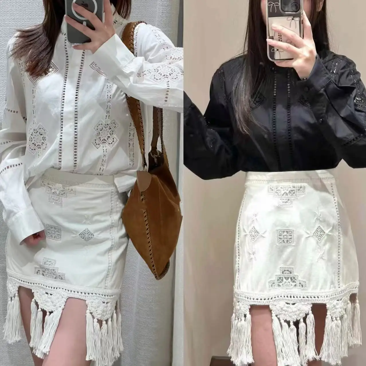 Женский комплект: вышитая блузка с круглым вырезом и юбка, модный дизайн Весна 2025, с длинным рукавом, сложной отделкой и ажурными вставками
Женский комплект: вышитая блузка с круглым вырезом и юбка, модный дизайн Весна 2025, с длинным рукавом, сложной отделкой и ажурными вставками