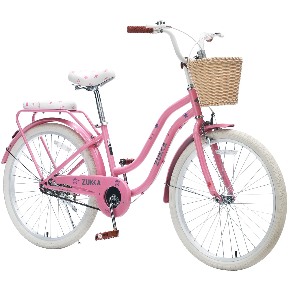 24 inch teenage adult female outdoor cycling, single speed commuter bike with wicker basket and rear rack
24 inch teenage adult female outdoor cycling, single speed commuter bike with wicker basket and rear rack