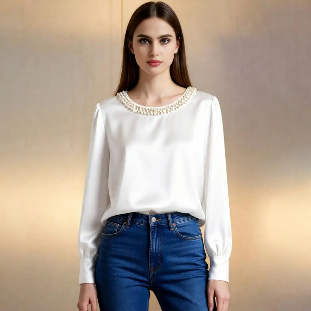 Блузка с атласной текстурой, легкая женская рубашка, женский атласный пуловер с декором из искусственного жемчуга, с длинными рукавами и круглым вырезом для повседневной носки
Блузка с атласной текстурой, легкая женская рубашка, женский атласный пуловер с декором из искусственного жемчуга, с длинными рукавами и круглым вырезом для повседневной носки