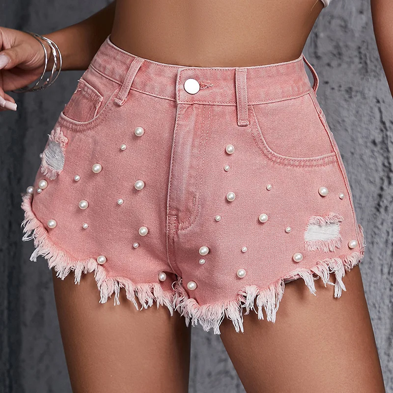 Summer Pink Beading Ripped Hole Denim Shorts Spicy Girls Fashion High Waist Raw Edge Hot Pants Women's Vintage Trend Jean Shorts
Summer Pink Beading Ripped Hole Denim Shorts Spicy Girls Fashion High Waist Raw Edge Hot Pants Women's Vintage Trend Jean Shorts