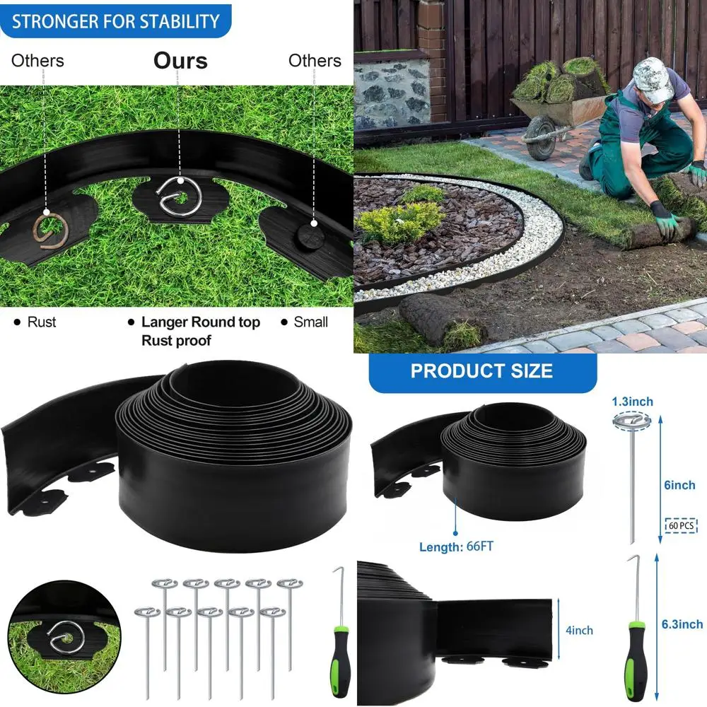 66-Foot Flexible Paver Edging Kit, 4-Inch Tall Lawn Border with 60 Rustproof Stakes for Flower Beds, Lawns, Driveways, Gardens
66-Foot Flexible Paver Edging Kit, 4-Inch Tall Lawn Border with 60 Rustproof Stakes for Flower Beds, Lawns, Driveways, Gardens