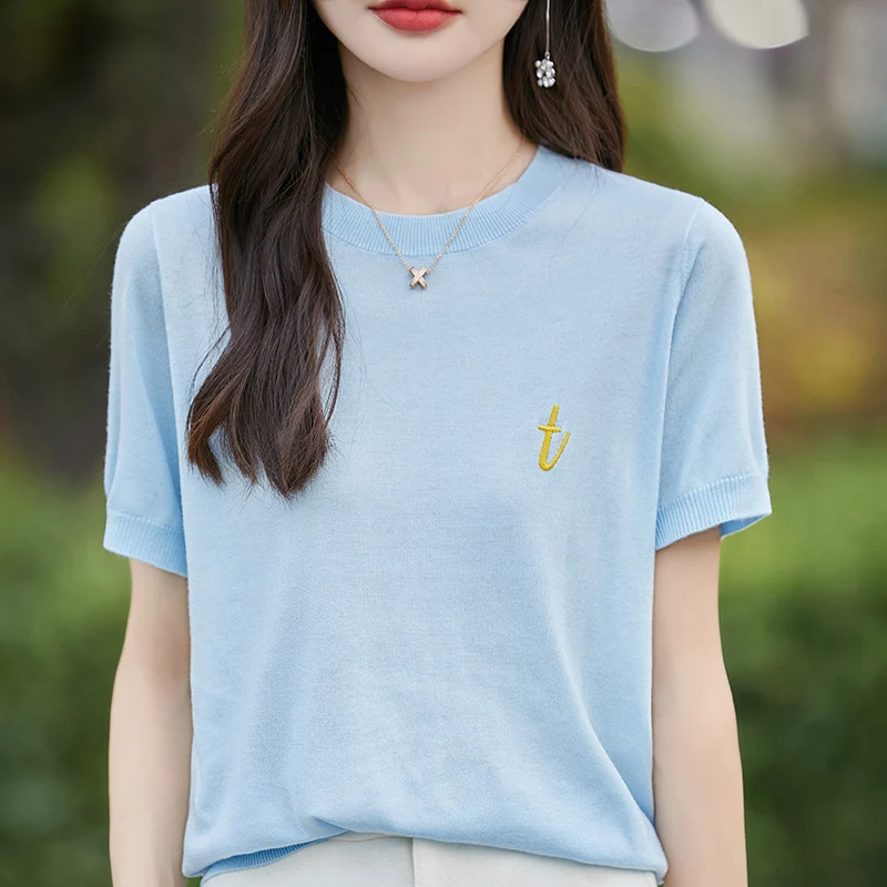 Women's T-shirts Summer Knitted Lyocell Short Sleeve Casual Embroidery Knitted Blouse Round Neck Ladies Tops Loose Pullover Tees
Women's T-shirts Summer Knitted Lyocell Short Sleeve Casual Embroidery Knitted Blouse Round Neck Ladies Tops Loose Pullover Tees