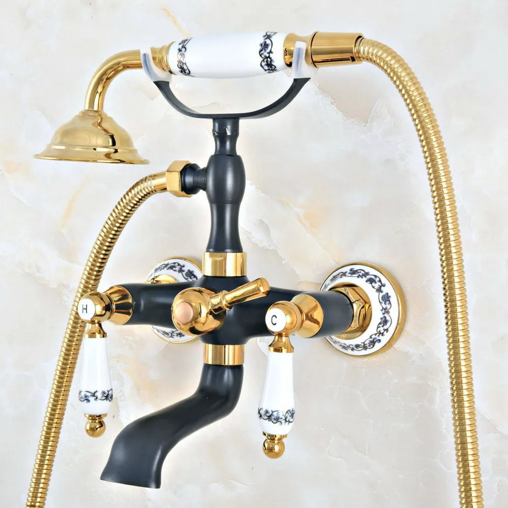 Gold & Black Brass Wall Mount Bathroom Bathtub Faucet Set WITH/ 1500MM Handheld Shower Spray Head Mixer Tap Dna416
Gold & Black Brass Wall Mount Bathroom Bathtub Faucet Set WITH/ 1500MM Handheld Shower Spray Head Mixer Tap Dna416