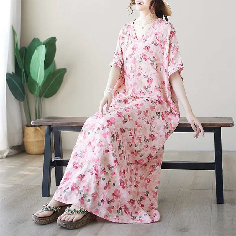 Summer Thin Cotton Linen V-ne Orange Pink Print n Long Dr Wide Hem Simple n Maxi Dr for plus Size Women
Summer Thin Cotton Linen V-ne Orange Pink Print n Long Dr Wide Hem Simple n Maxi Dr for plus Size Women