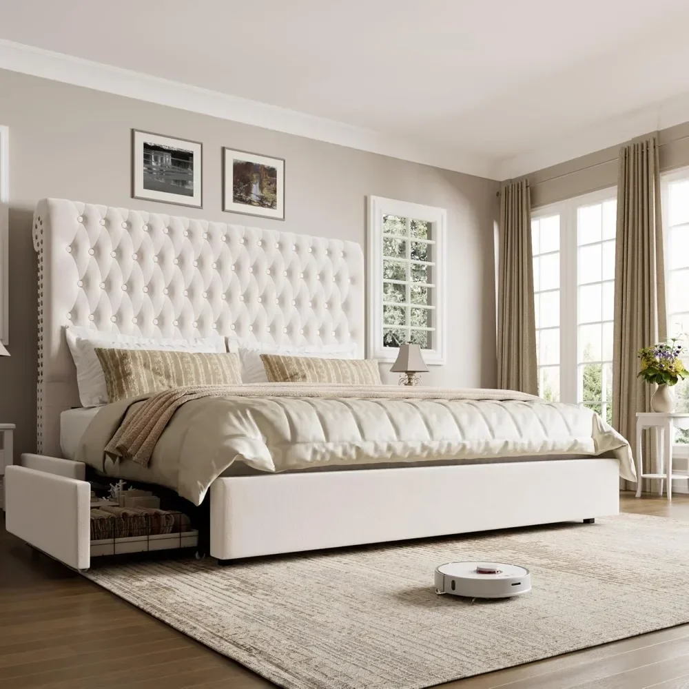 Каркас кровати King Size, высокий изголовье 55 дюймов, с тафтингом на пуговицах и гвоздями, обитый бархатной тканью, каркас кровати с 4 ящиками
Каркас кровати King Size, высокий изголовье 55 дюймов, с тафтингом на пуговицах и гвоздями, обитый бархатной тканью, каркас кровати с 4 ящиками