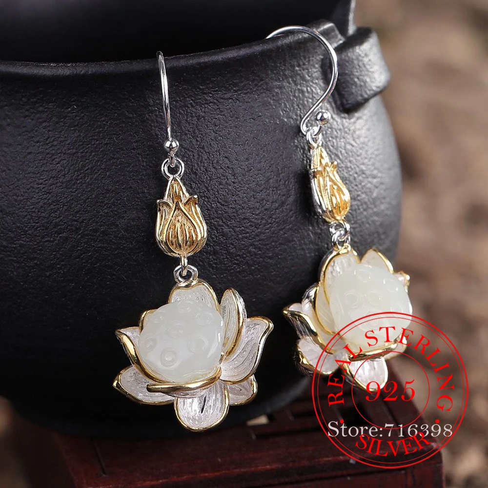 925 Sterling Silver Jewelry Natural Hetian Jade Vintage Lutus Drop Earrings for Women Wedding Party Jewelry For Girl Friend Gift
925 Sterling Silver Jewelry Natural Hetian Jade Vintage Lutus Drop Earrings for Women Wedding Party Jewelry For Girl Friend Gift