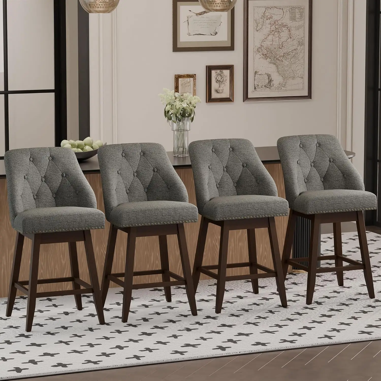 Современные поворотные барные стулья с обивкой и стеганой спинкой, комплект из 4 штук, высота 26 дюймов, для кухонного острова, на ножках из массива дерева, на заказ
Современные поворотные барные стулья с обивкой и стеганой спинкой, комплект из 4 штук, высота 26 дюймов, для кухонного острова, на ножках из массива дерева, на заказ