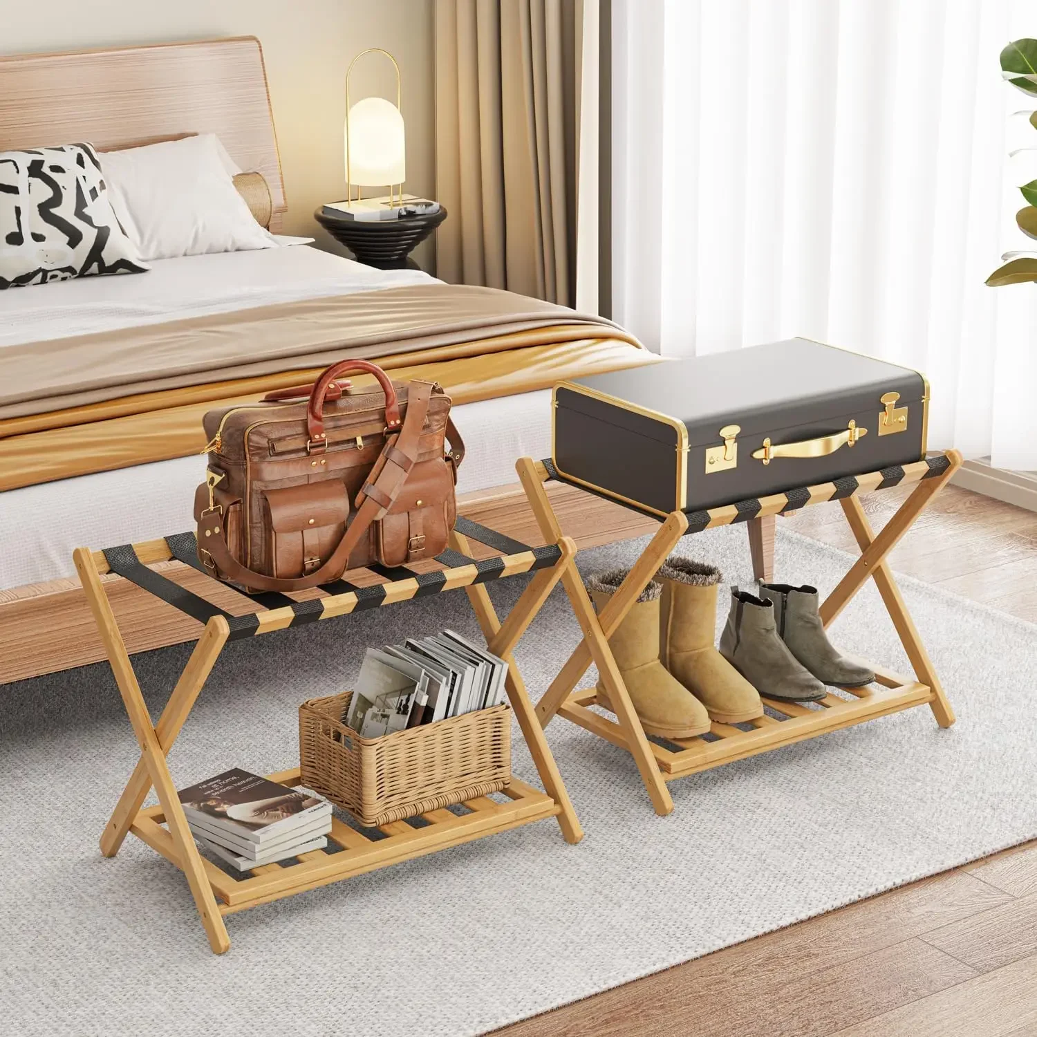 2 Pack Bamboo Luggage Rack for Guest Room, 26.77" Folding Wide Suitcase Stand with Storage Shelf, Thickened Luggage Stand Holder
2 Pack Bamboo Luggage Rack for Guest Room, 26.77" Folding Wide Suitcase Stand with Storage Shelf, Thickened Luggage Stand Holder