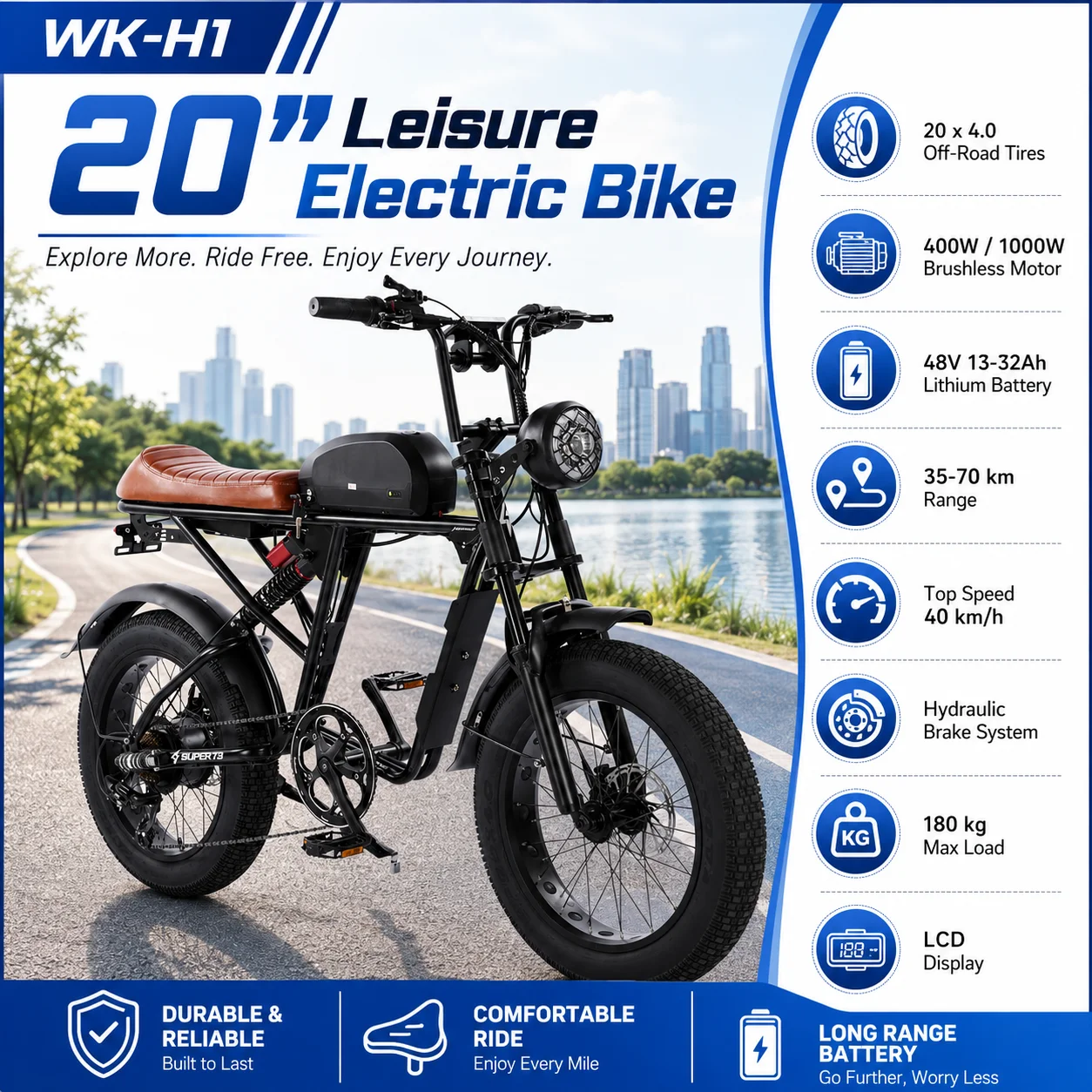 20 Inch Mountain Fat Tire E-Bike WK-H1 400W 1000W Brushless Motor E-Bike 35-70KM Range Hydraulic Brakes 180KG Max Load
20 Inch Mountain Fat Tire E-Bike WK-H1 400W 1000W Brushless Motor E-Bike 35-70KM Range Hydraulic Brakes 180KG Max Load