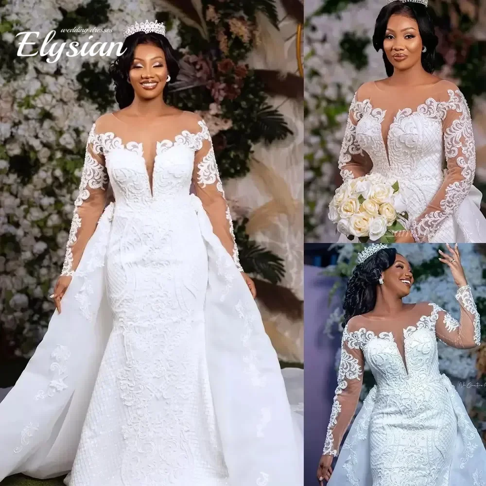 Customized Saudi Arabia Mermaid Wedding Dress With Detachable Sheer Neck Long Sleeve Plus Size Lace Bridal Gowns Robes De
Customized Saudi Arabia Mermaid Wedding Dress With Detachable Sheer Neck Long Sleeve Plus Size Lace Bridal Gowns Robes De