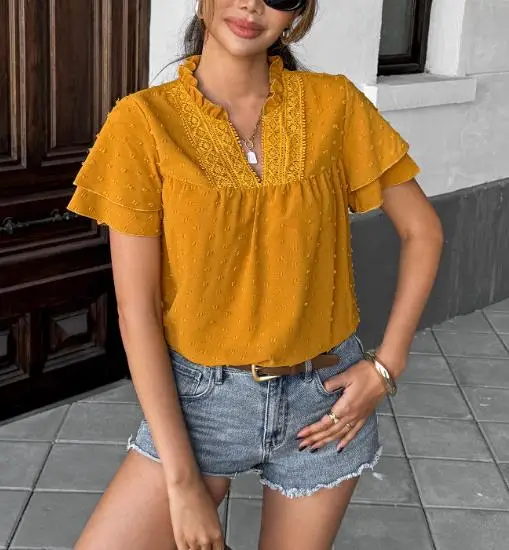 Elegant Vacation Style Deep V Lace Short Sleeved Women's Shirt Women's Clothing 2025 Spring/summer
Elegant Vacation Style Deep V Lace Short Sleeved Women's Shirt Women's Clothing 2025 Spring/summer
