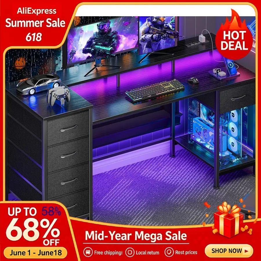 55 Inch Computer Gaming Desk with Power Outlets LED Lights Reversible Home Office with Adjustable Fabric Storage Drawers, Custom