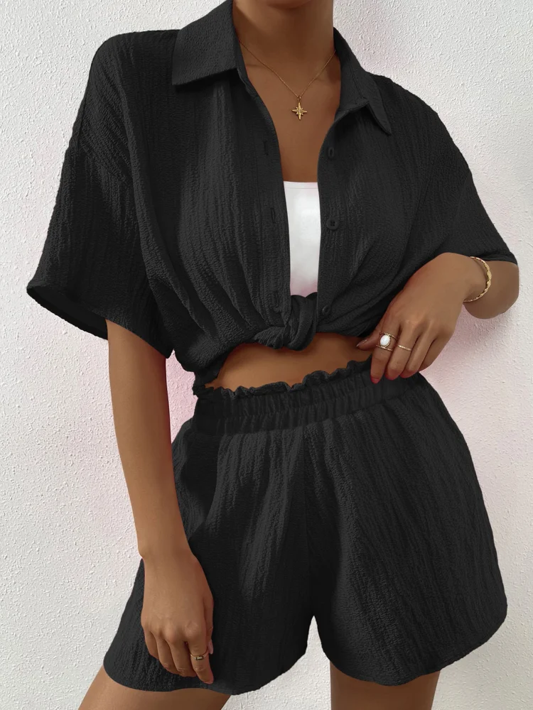 Sister Star Fashion Casual Solid Color Shorts Short Sleeve Blouse Shirt Button Cardigan Temperament Elegant Two-piece Set
Sister Star Fashion Casual Solid Color Shorts Short Sleeve Blouse Shirt Button Cardigan Temperament Elegant Two-piece Set