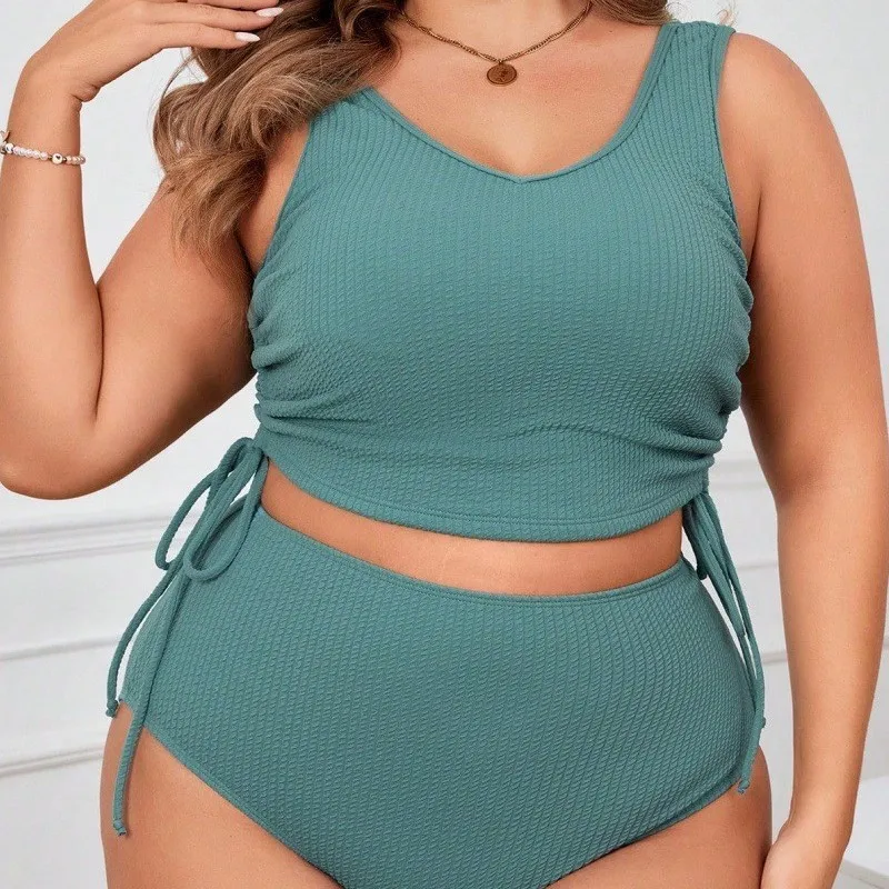 2025 Новый женский однотонный комплект бикини больших размеров с высокой талией и контролем живота, облегающий комплект бикини с разрезом 
2025 Новый женский однотонный комплект бикини больших размеров с высокой талией и контролем живота, облегающий комплект бикини с разрезом