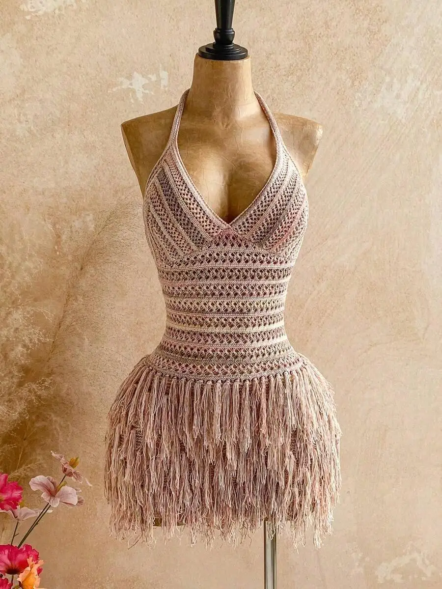 Womens Crochet V-Neck Halter Mini Dress With Tassel Hem Boho Beach Party Dress
Womens Crochet V-Neck Halter Mini Dress With Tassel Hem Boho Beach Party Dress