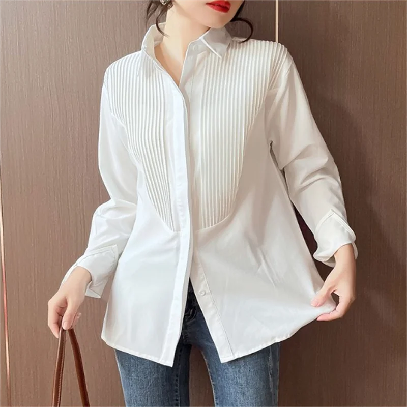 Весенняя плиссированная блузка для женщин, топ с длинным рукавом, стильная офисная одежда, белая рубашка с пэчворком и пуговицами
Весенняя плиссированная блузка для женщин, топ с длинным рукавом, стильная офисная одежда, белая рубашка с пэчворком и пуговицами