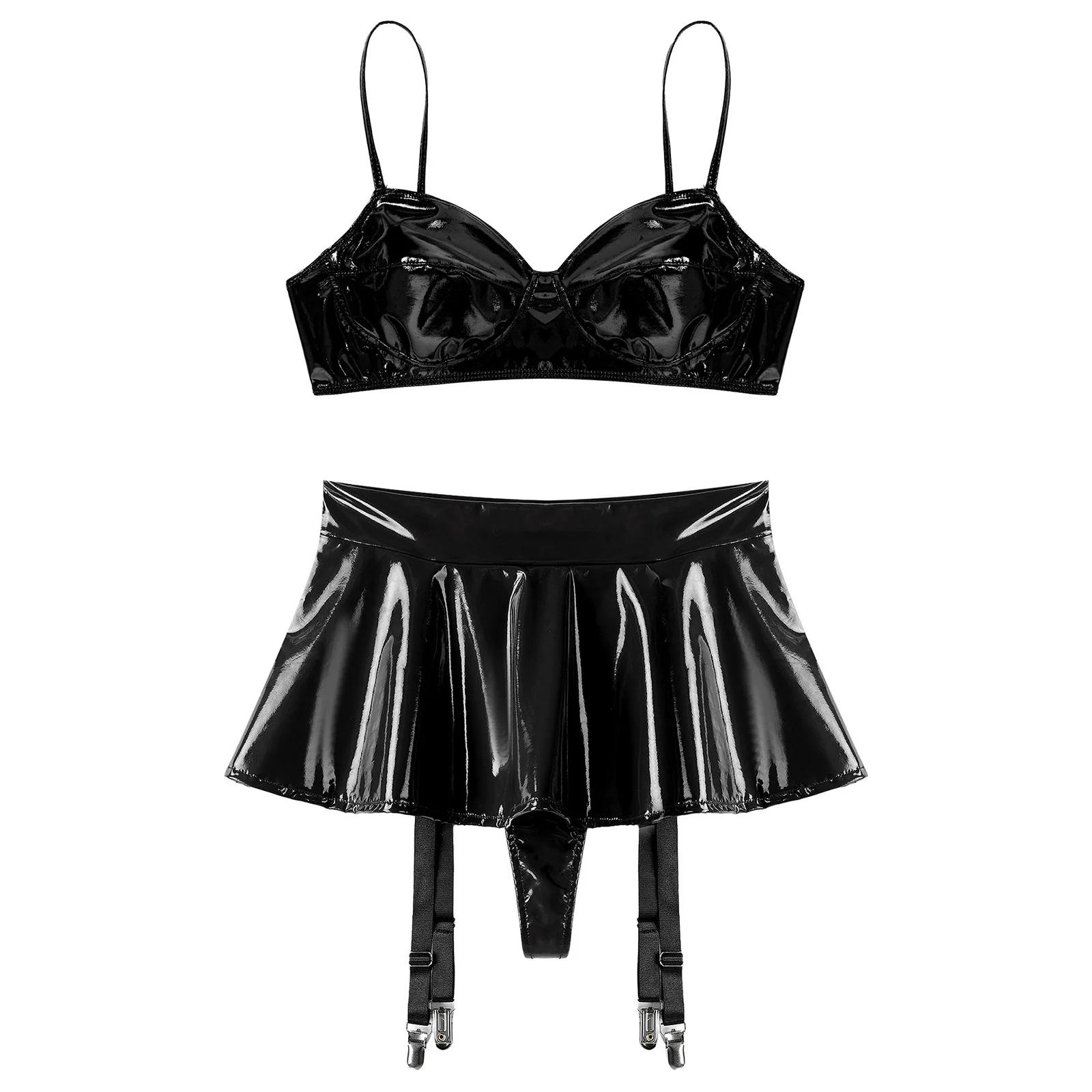2Pcs/Set Women Wet Look PU Leather Clubwear Wire-free No Pad Bra Top and Miniskirt with Garter Clips for Night Club Raves Party
2Pcs/Set Women Wet Look PU Leather Clubwear Wire-free No Pad Bra Top and Miniskirt with Garter Clips for Night Club Raves Party