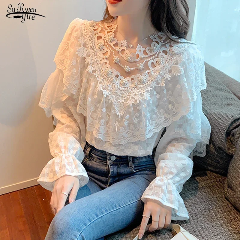 Sweet Fairy Flower Lace Blouse Woman Elegant Beading Shirts Blouse with Ruffles White Hollow Spring Long Sleeve Women Top 18708
Sweet Fairy Flower Lace Blouse Woman Elegant Beading Shirts Blouse with Ruffles White Hollow Spring Long Sleeve Women Top 18708