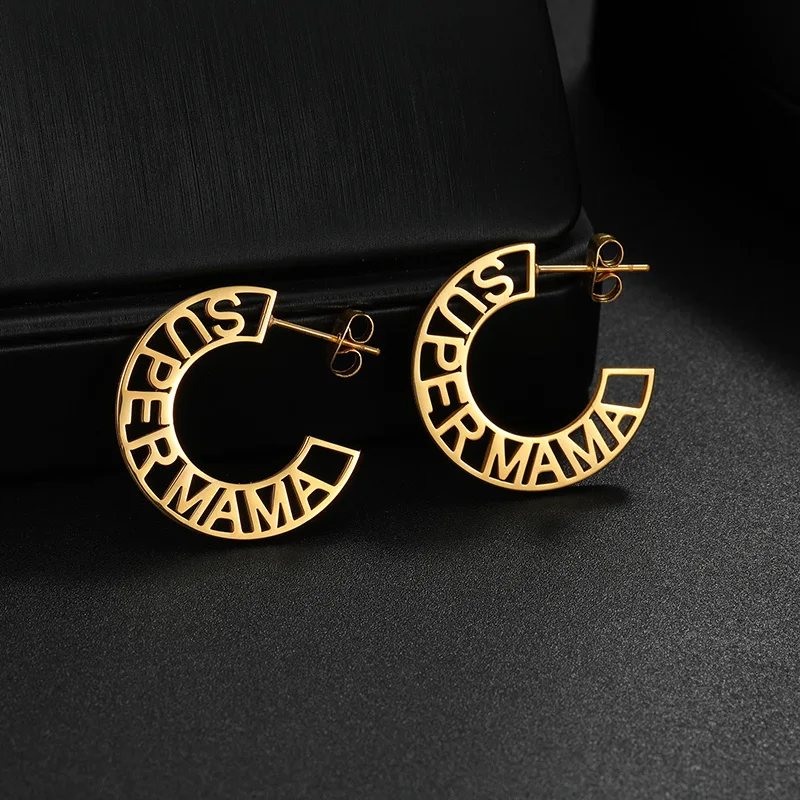 Treebud Custom Super Mama Half Hoop Earrings Stainless Steel Personalized Name Studs Mother's Day Gift Fashion Jewelry for Women
Treebud Custom Super Mama Half Hoop Earrings Stainless Steel Personalized Name Studs Mother's Day Gift Fashion Jewelry for Women