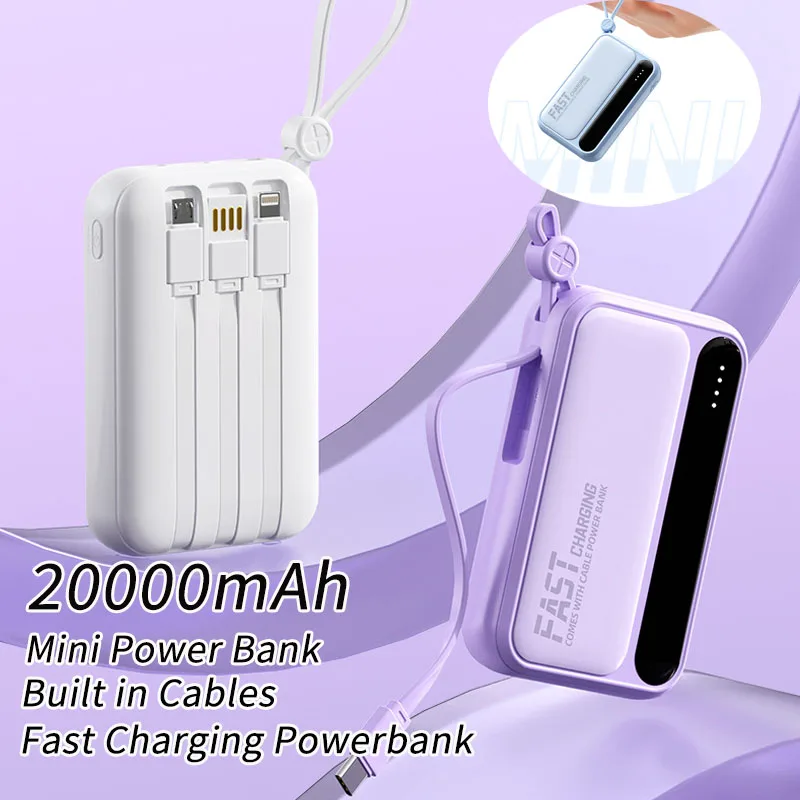 Power Bank 20000 мАч со встроенными кабелями Портативное внешнее зарядное устройство для iPhone 12 13 14 Pro Max Xiaomi Samsung Mini Powerbank
Power Bank 20000 мАч со встроенными кабелями Портативное внешнее зарядное устройство для iPhone 12 13 14 Pro Max Xiaomi Samsung Mini Powerbank