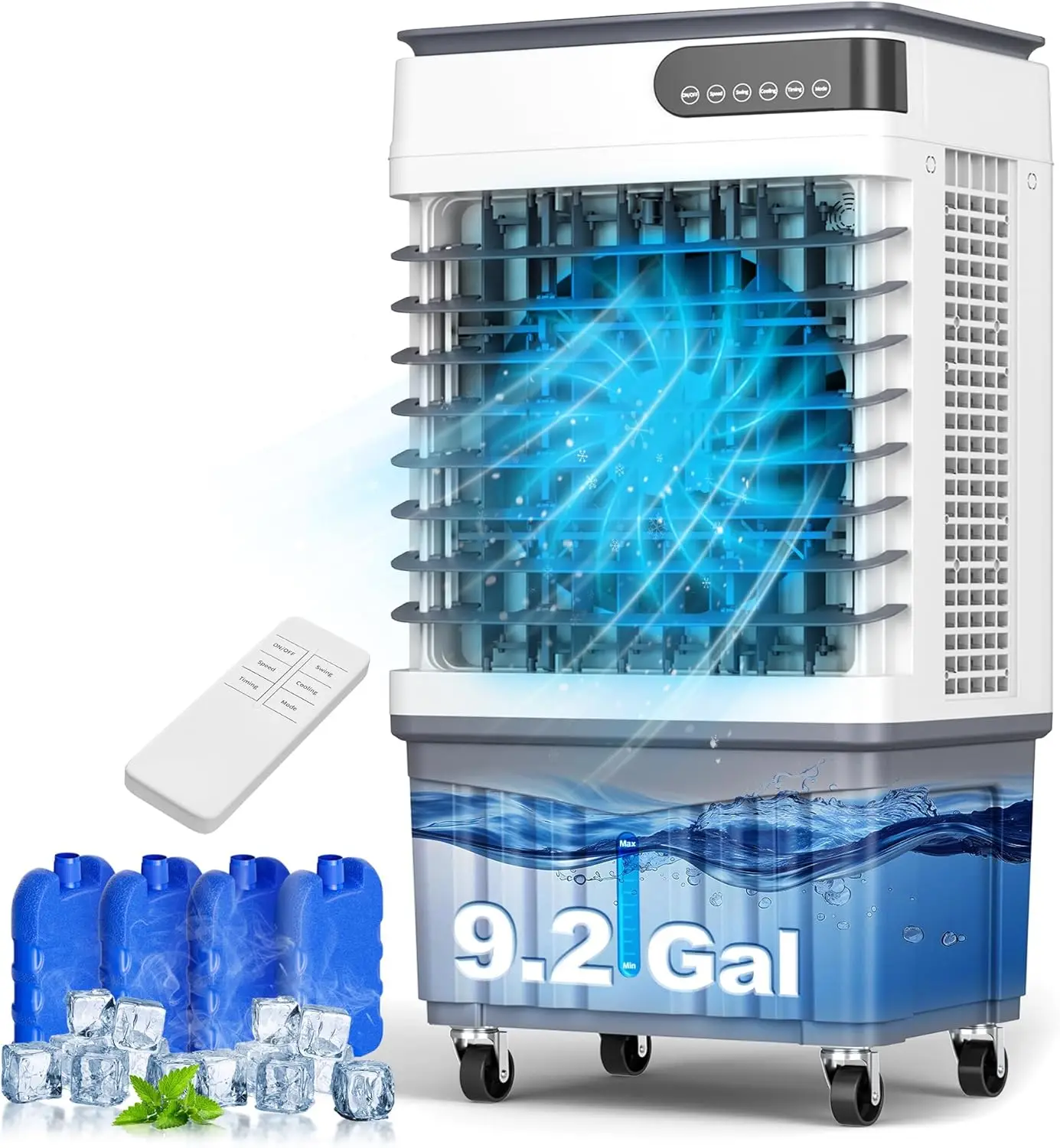 3000 CFM Evaporative Cooler, 4-in-1 Air Conditioner with 9.2 Gallon Water Tank, 4 Ice Packs, Remote Control, 12-Hour Timer, 120° Oscillation, 36-Inch Portable Fan, 3 Modes & Speeds for Indoor Bedroom Use
3000 CFM Evaporative Cooler, 4-in-1 Air Conditioner with 9.2 Gallon Water Tank, 4 Ice Packs, Remote Control, 12-Hour Timer, 120° Oscillation, 36-Inch Portable Fan, 3 Modes & Speeds for Indoor Bedroom Use