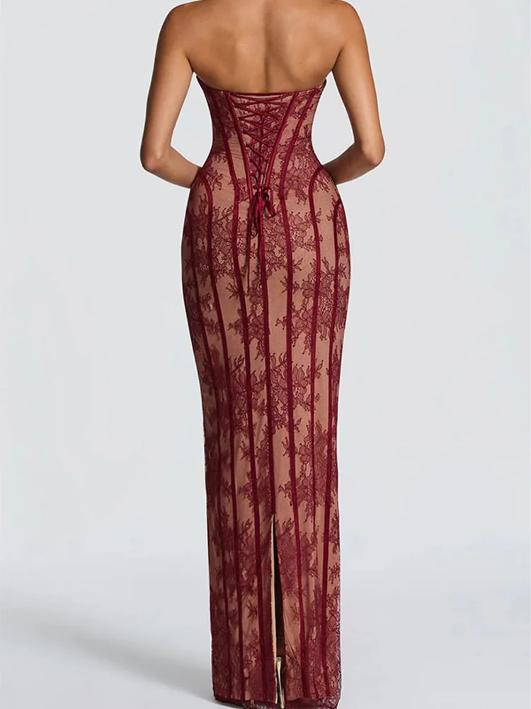 High end sexy lace hip hugging transparent splicing strapless long trailing dress with elegant temperament formal dress
High end sexy lace hip hugging transparent splicing strapless long trailing dress with elegant temperament formal dress