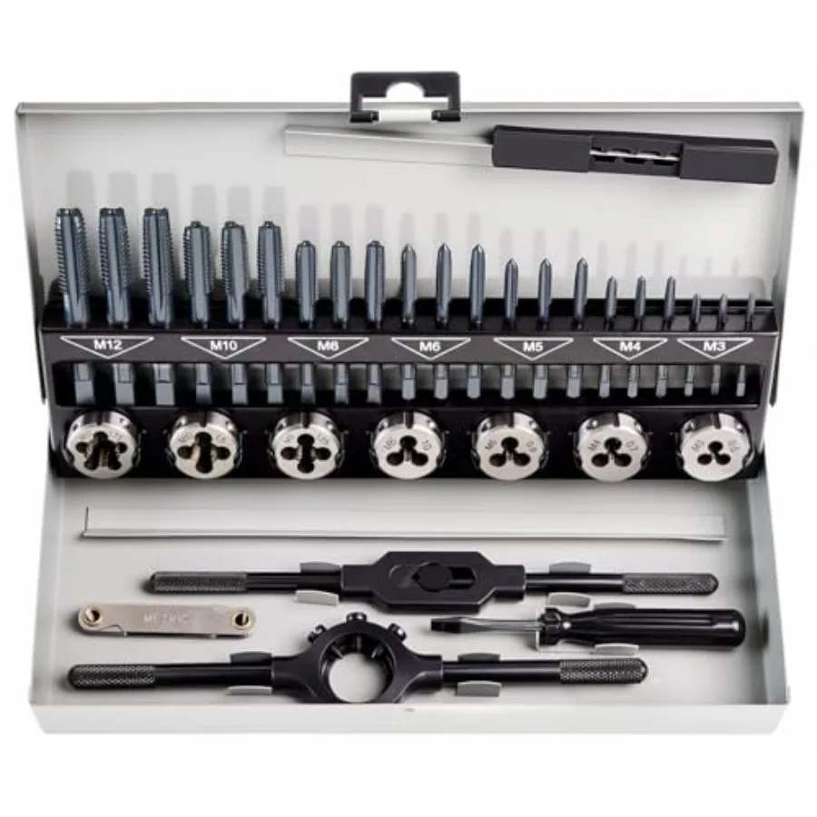 Professional Tap and Die Set, HSS Nitrided Taps with 3-Piece Progressive Design for Blind Holes, Heavy-Duty Metric Threading To
Professional Tap and Die Set, HSS Nitrided Taps with 3-Piece Progressive Design for Blind Holes, Heavy-Duty Metric Threading To