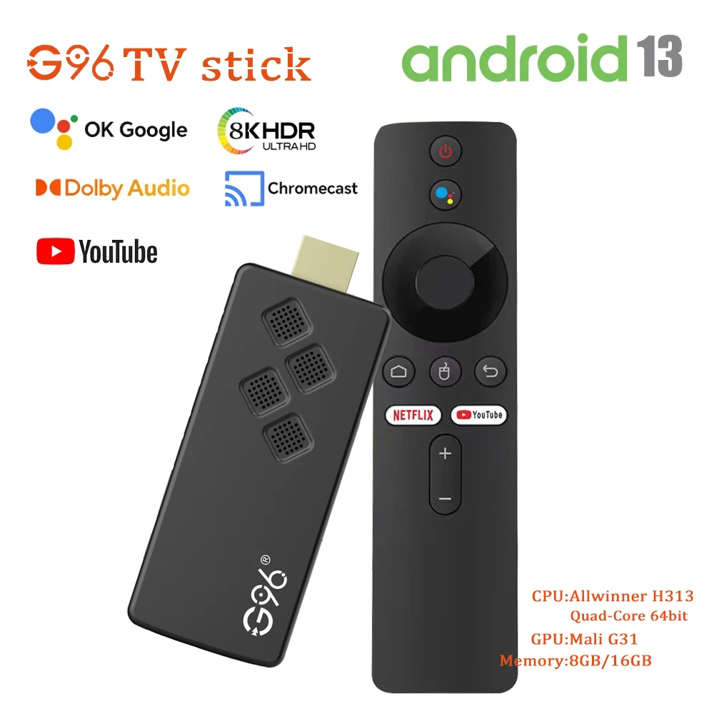 Global Version Android13 G96 TV Stick 8K HDR Portable Streaming Media 2GB16GB Multi Language TV Dongle Allwinner H313 Quad Core
Global Version Android13 G96 TV Stick 8K HDR Portable Streaming Media 2GB16GB Multi Language TV Dongle Allwinner H313 Quad Core