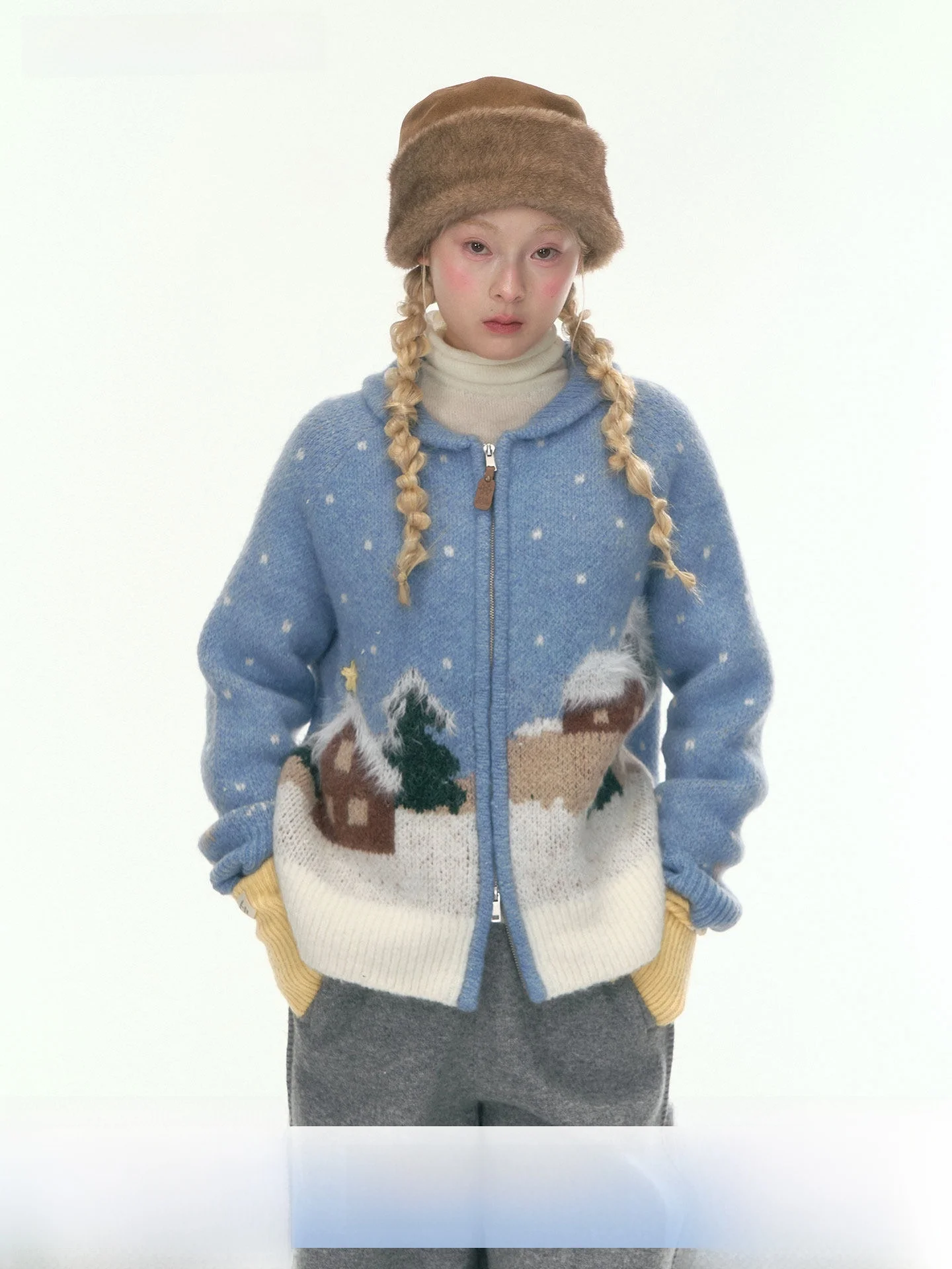 Snowy Cottage Knitted Sweater Cardigan Hand Sewn Star Winter Aosphere Feeling Women's Long Sve Zipper Closure Knitwear
Snowy Cottage Knitted Sweater Cardigan Hand Sewn Star Winter Aosphere Feeling Women's Long Sve Zipper Closure Knitwear