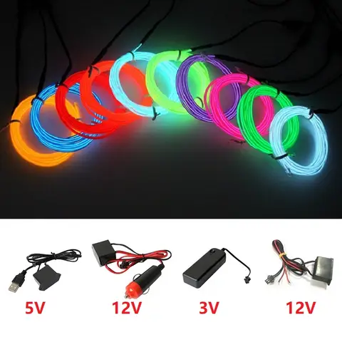10m/5m/3m/1m 3V Battery 5V USB 12V Neon Glow EL Wire Rope with Adapter Flexible LED Strip for Car Party Dance Atmosphere Decor
