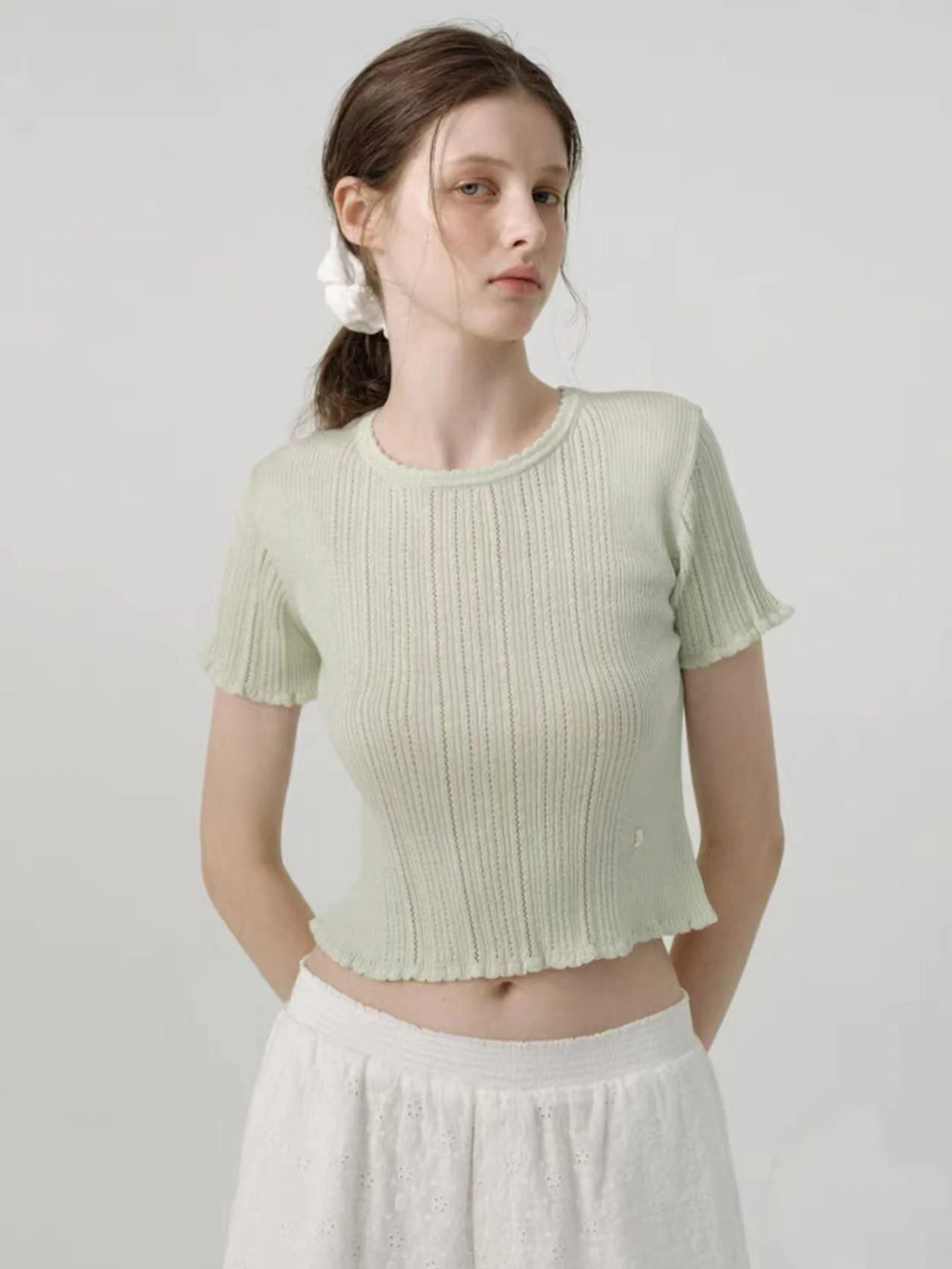 Korean Style Lace Collar Short Sleeve Knitted T-Shirt Women's Summer Fashion Sensation Breathable Mesh Design Eight Milk Brand
Korean Style Lace Collar Short Sleeve Knitted T-Shirt Women's Summer Fashion Sensation Breathable Mesh Design Eight Milk Brand