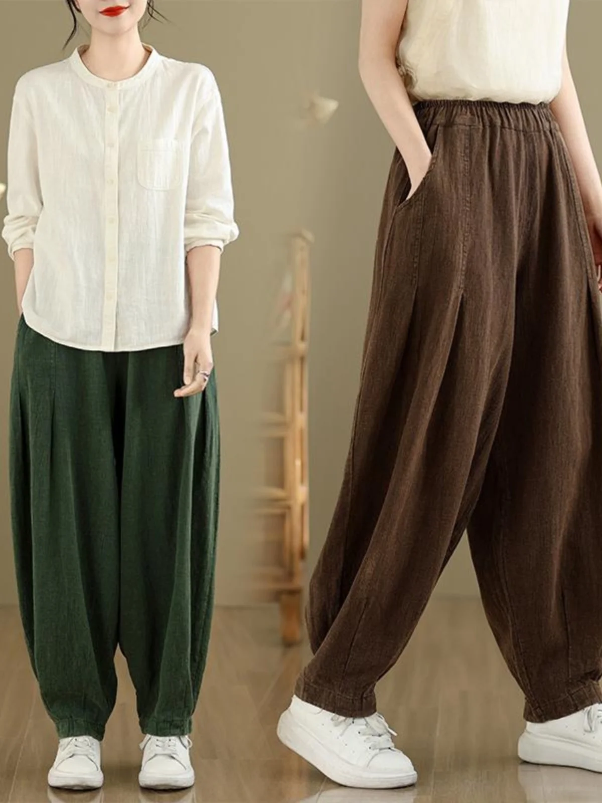 Весенние винтажные хлопковые льняные брюки-фонарики большого размера, повседневные длинные брюки Харлан, женская универсальная юбка трапециевидной формы с высокой талией
Весенние винтажные хлопковые льняные брюки-фонарики большого размера, повседневные длинные брюки Харлан, женская универсальная юбка трапециевидной формы с высокой талией
