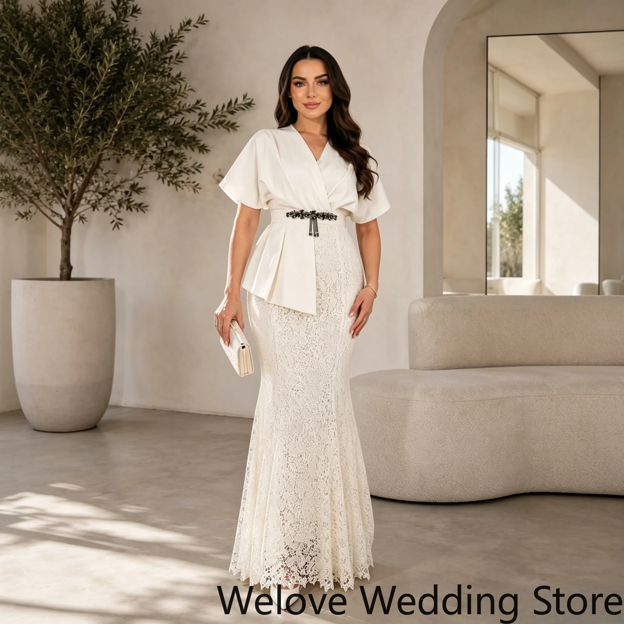 Elegant White Formal Evening Gown Featuring V-Neck Short Kimono Sleeve Blazer-Style Peplum Top, Waist-Cinching Rhinestone Belt
Elegant White Formal Evening Gown Featuring V-Neck Short Kimono Sleeve Blazer-Style Peplum Top, Waist-Cinching Rhinestone Belt