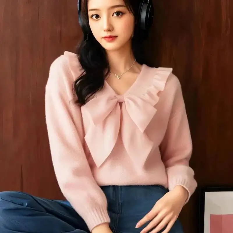 Bow Ruffed Ruffle Knitted Women S Sweater Long Sleeved Top Autumn And Winter New Style Lazy High End
Bow Ruffed Ruffle Knitted Women S Sweater Long Sleeved Top Autumn And Winter New Style Lazy High End