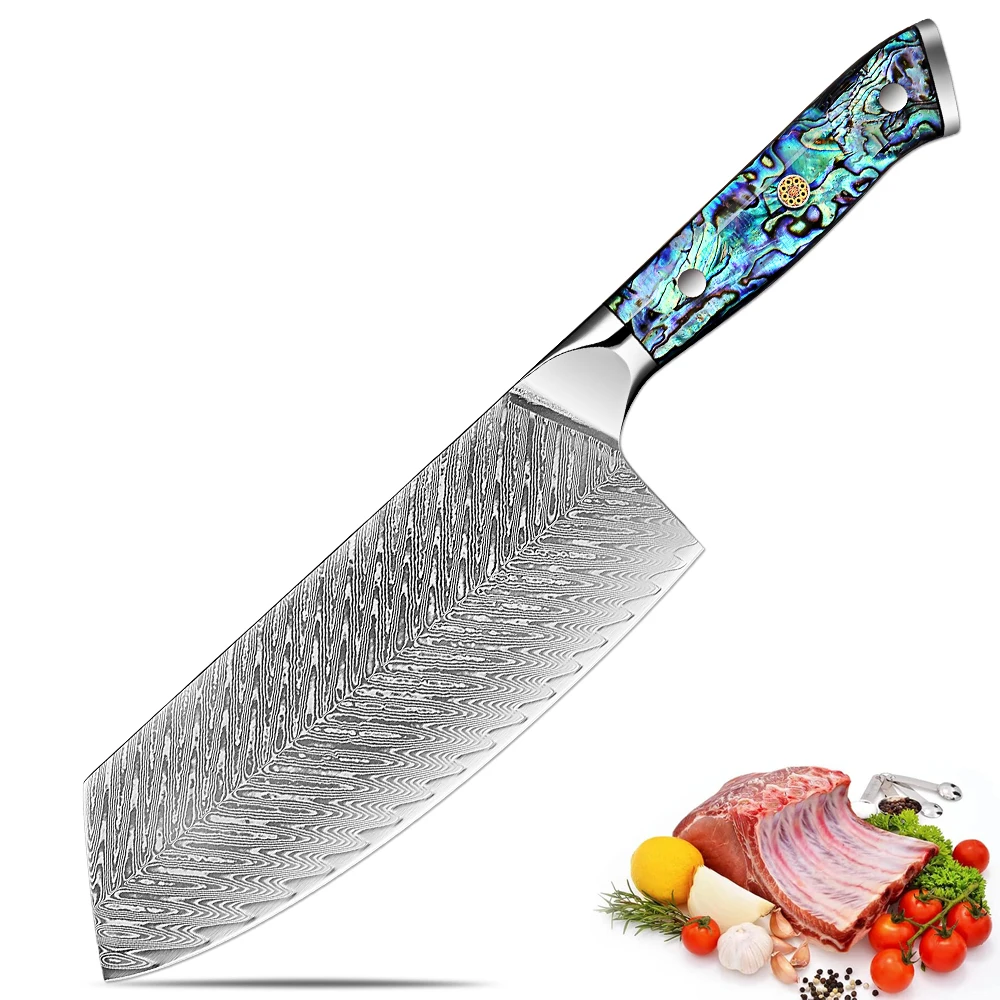 7 Inch Cleaver Knife 67 Layers Damascus Steel Professional Kitchen Knife Sharp Blade Cooking Knife Abalone Shell Acrylic Handle
7 Inch Cleaver Knife 67 Layers Damascus Steel Professional Kitchen Knife Sharp Blade Cooking Knife Abalone Shell Acrylic Handle