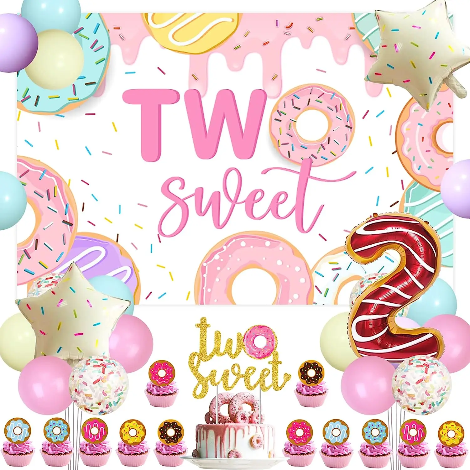JOYMEMO Two Sweet Donut Party Decorations for 2nd Birthday Girls Two Sweet Backdrop Cake Topper with Donut Number 2 Balloon
JOYMEMO Two Sweet Donut Party Decorations for 2nd Birthday Girls Two Sweet Backdrop Cake Topper with Donut Number 2 Balloon
