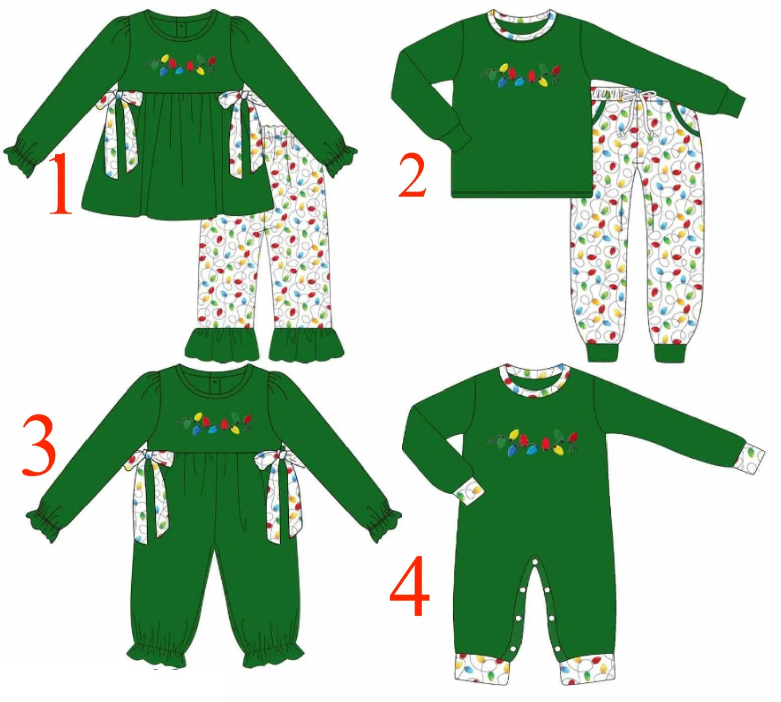 New Christmas lights print green long-sleeved trousers children's winter boutique suit and Romper
New Christmas lights print green long-sleeved trousers children's winter boutique suit and Romper