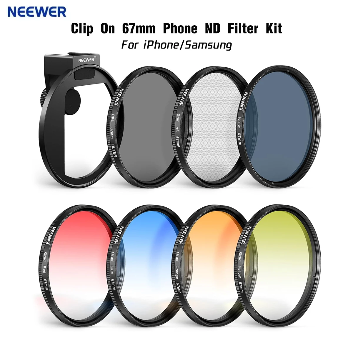 NEEWER Clip On 67mm Phone ND Filter Kit 4 Graduated Color Filter Compatible with iPhone 16 15 Pro Max Plus 14 13 Samsung S23 S24
NEEWER Clip On 67mm Phone ND Filter Kit 4 Graduated Color Filter Compatible with iPhone 16 15 Pro Max Plus 14 13 Samsung S23 S24