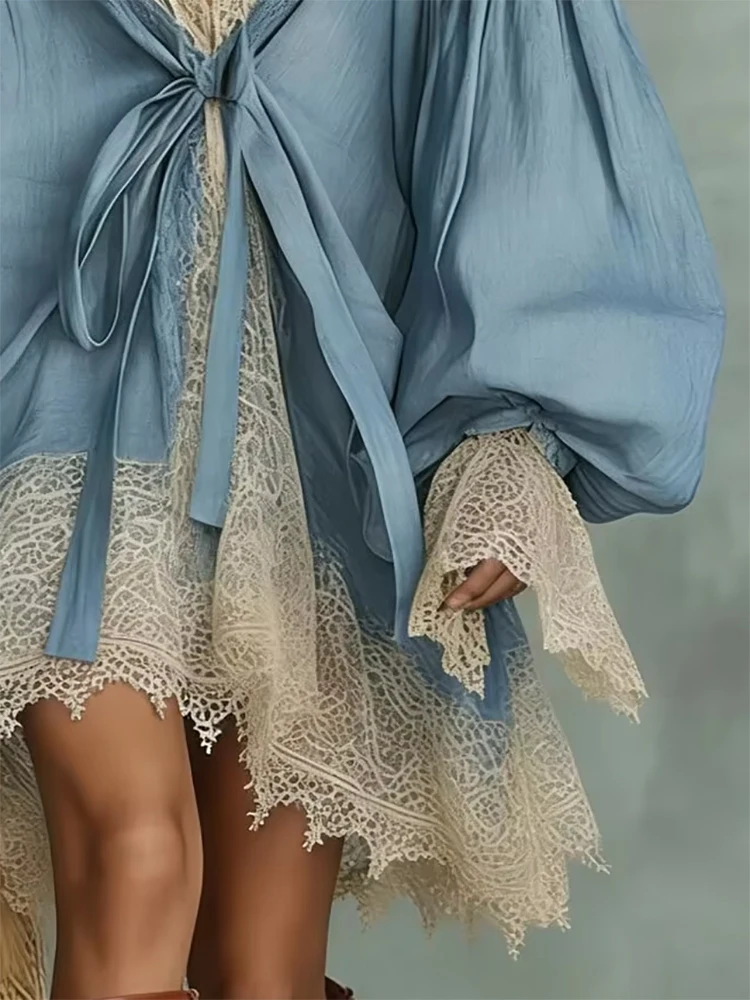 Blue Lace Trim Women Mini Dress V Neck Tie Waist Puff Sleeve Oversized Boho Elgant Loose Vintage Casual Cover Up Dress
Blue Lace Trim Women Mini Dress V Neck Tie Waist Puff Sleeve Oversized Boho Elgant Loose Vintage Casual Cover Up Dress