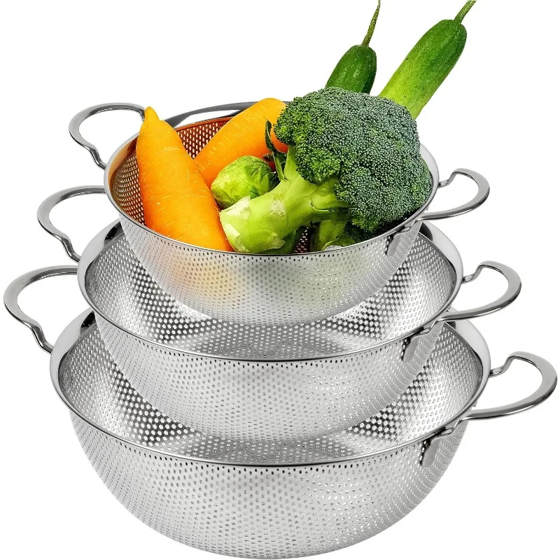 Premium 18/8 304 Stainless Steel Strainer Set of 3 with Handles, Micro-Perforated Colanders, 4-6-8 Quart Set, Self-Draining
Premium 18/8 304 Stainless Steel Strainer Set of 3 with Handles, Micro-Perforated Colanders, 4-6-8 Quart Set, Self-Draining