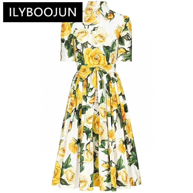 ILYBOOJUN Designer Spring Cotton Dress Women Short Sleeve Single Breasted Lace-up Yellow Floral Print Elegant Party Dresses
ILYBOOJUN Designer Spring Cotton Dress Women Short Sleeve Single Breasted Lace-up Yellow Floral Print Elegant Party Dresses