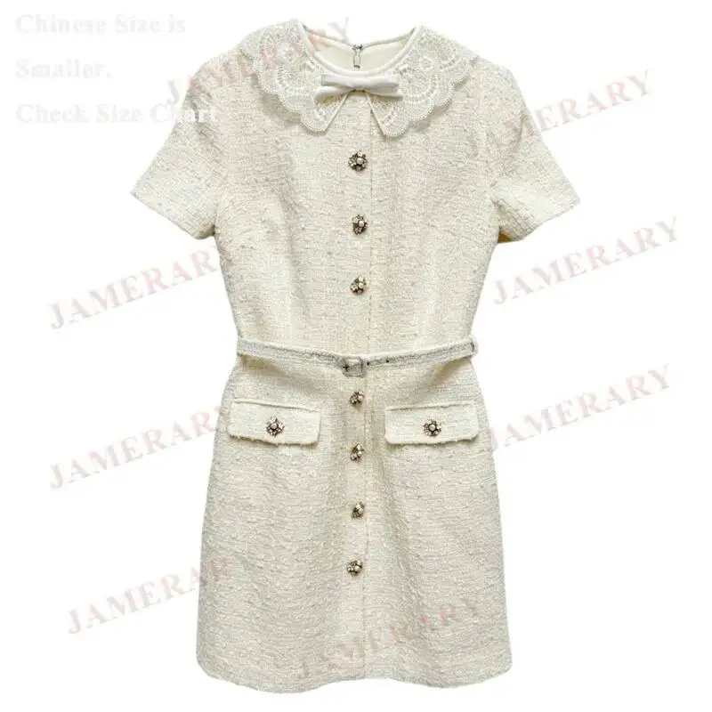 Elegant Summer Mini Tweed Dresses Women Short Sleeve Luxury Rhinestone Diamond Belt Peter Pan Collar Princess Dress Party
Elegant Summer Mini Tweed Dresses Women Short Sleeve Luxury Rhinestone Diamond Belt Peter Pan Collar Princess Dress Party