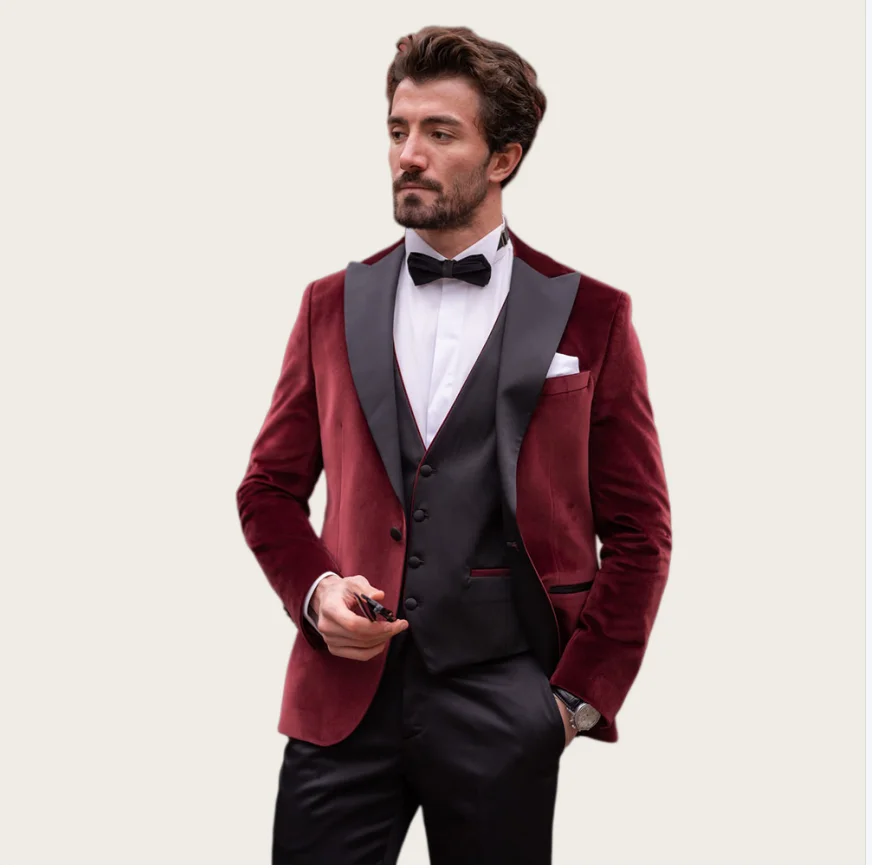 Burgundy Men's Suits Peaked Lapel Single Breasted Flannel Groom Wedding Suit 3 Piece Set Prom Slim Fit Tuxedo Blazer Customized
Burgundy Men's Suits Peaked Lapel Single Breasted Flannel Groom Wedding Suit 3 Piece Set Prom Slim Fit Tuxedo Blazer Customized